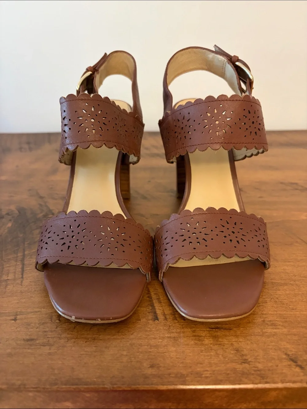 kate spade Brown Scalloped Laser-Cut Block Heel Sandals